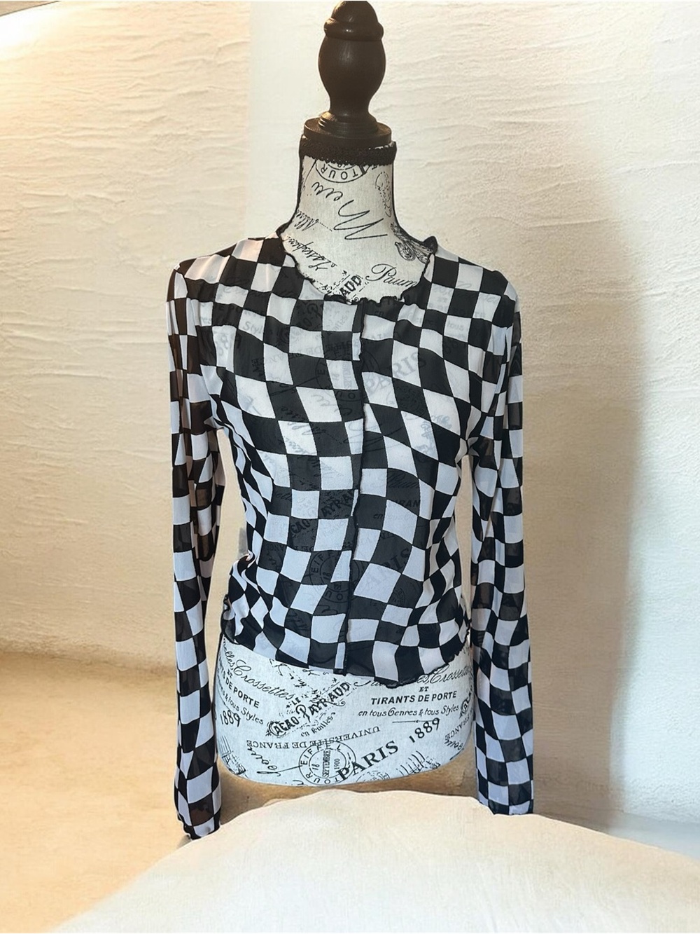 Forever 21 Black and White Checkerboard Sheer Long-Sleeve Top